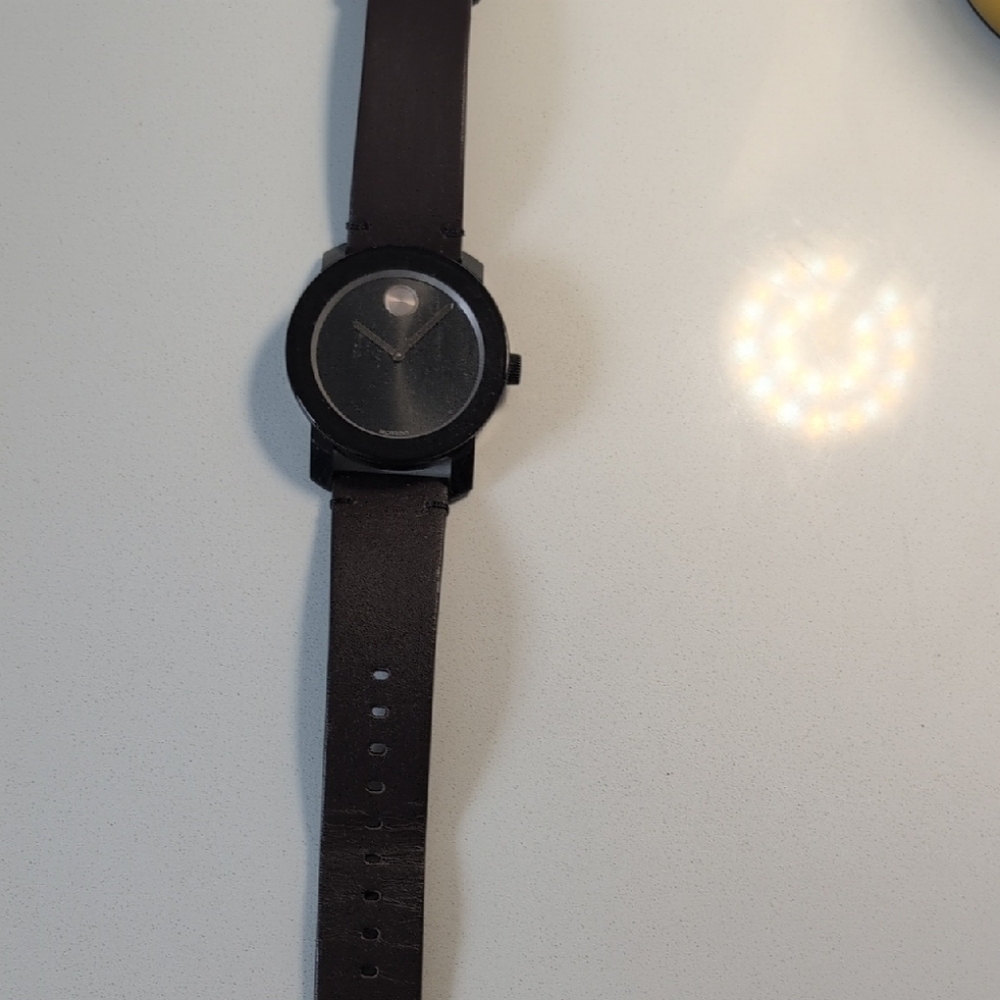 Movado Black Leather Strap Watch